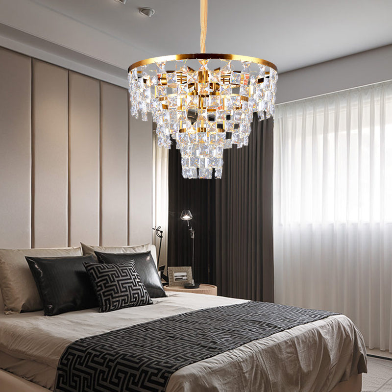 Gold Tapered Chandelier Lighting Postmodern 8/11 Lights K9 Crystal Ceiling Suspension Lamp Clearhalo 'Ceiling Lights' 'Chandeliers' 'Modern Chandeliers' 'Modern' Lighting' 279615