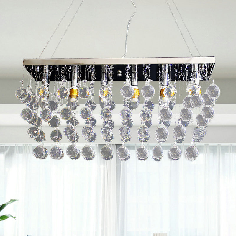 Rectangle Dining Room Chandelier Lamp Crystal Ball 6/9 Heads Simple Style Hanging Lamp in Nickel Clearhalo 'Ceiling Lights' 'Chandeliers' 'Modern Chandeliers' 'Modern' Lighting' 279636