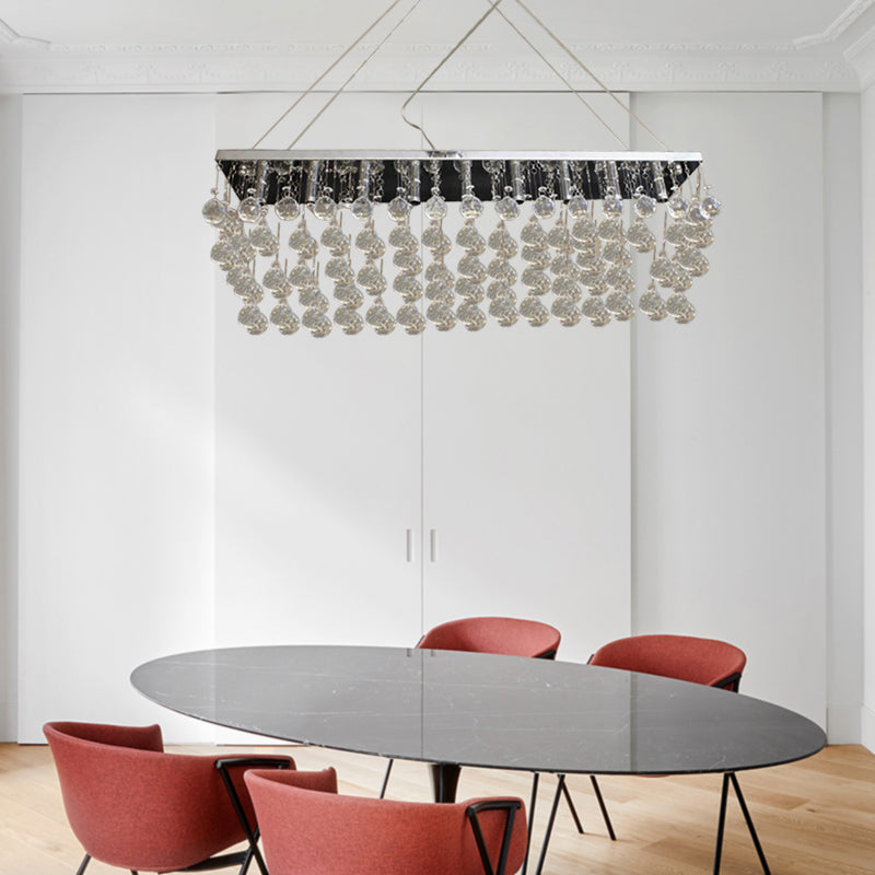 Rectangle Dining Room Chandelier Lamp Crystal Ball 6/9 Heads Simple Style Hanging Lamp in Nickel Clearhalo 'Ceiling Lights' 'Chandeliers' 'Modern Chandeliers' 'Modern' Lighting' 279644