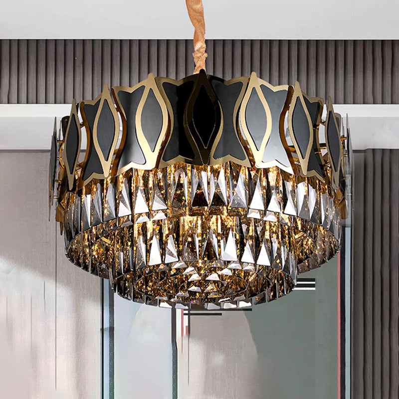 Black Round Chandelier Pendant Light Modernism 9 Lights Rectangle-Cut Crystal Suspension Light Clearhalo 'Ceiling Lights' 'Chandeliers' Lighting' options 279667