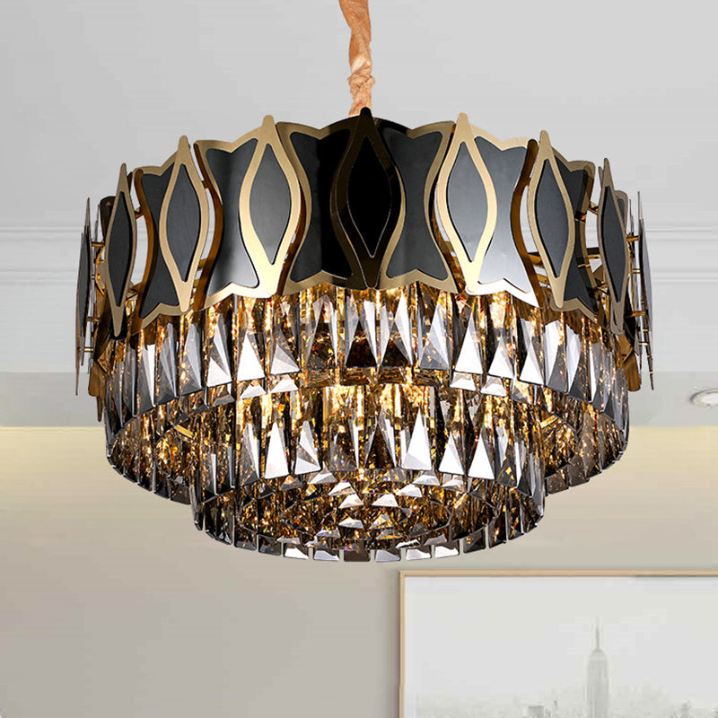 Black Round Chandelier Pendant Light Modernism 9 Lights Rectangle-Cut Crystal Suspension Light Clearhalo 'Ceiling Lights' 'Chandeliers' Lighting' options 279668