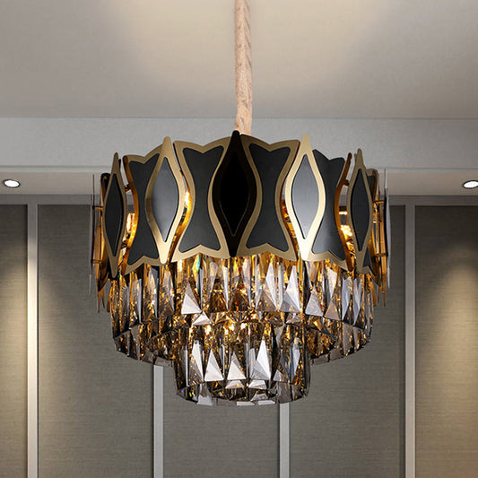 Black Round Chandelier Pendant Light Modernism 9 Lights Rectangle-Cut Crystal Suspension Light Clearhalo 'Ceiling Lights' 'Chandeliers' Lighting' options 279669