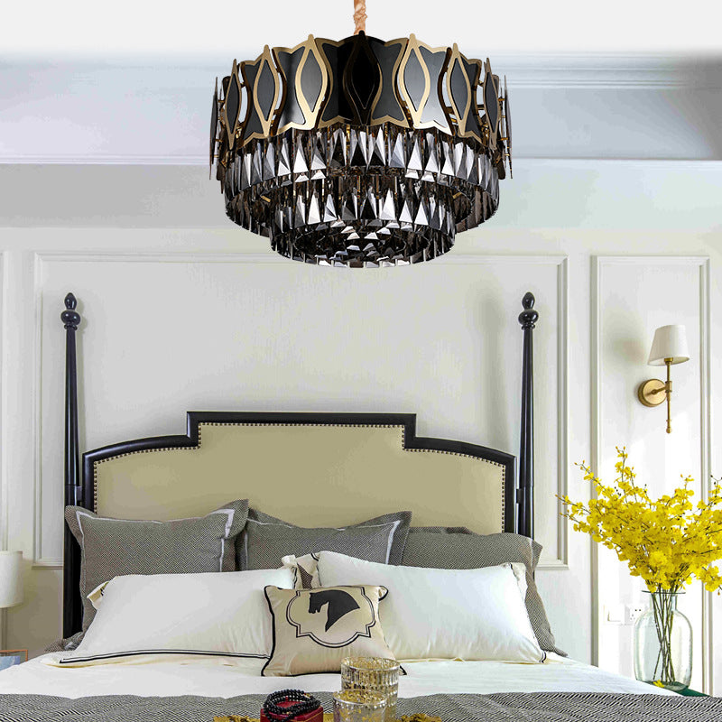 Black Round Chandelier Pendant Light Modernism 9 Lights Rectangle-Cut Crystal Suspension Light Clearhalo 'Ceiling Lights' 'Chandeliers' Lighting' options 279670