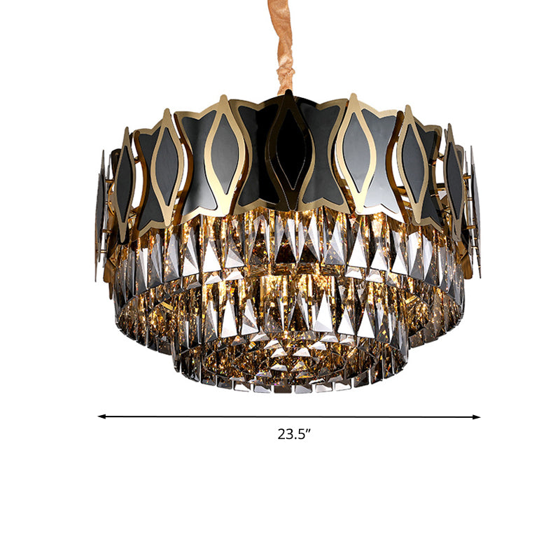 Black Round Chandelier Pendant Light Modernism 9 Lights Rectangle-Cut Crystal Suspension Light Clearhalo 'Ceiling Lights' 'Chandeliers' Lighting' options 279672