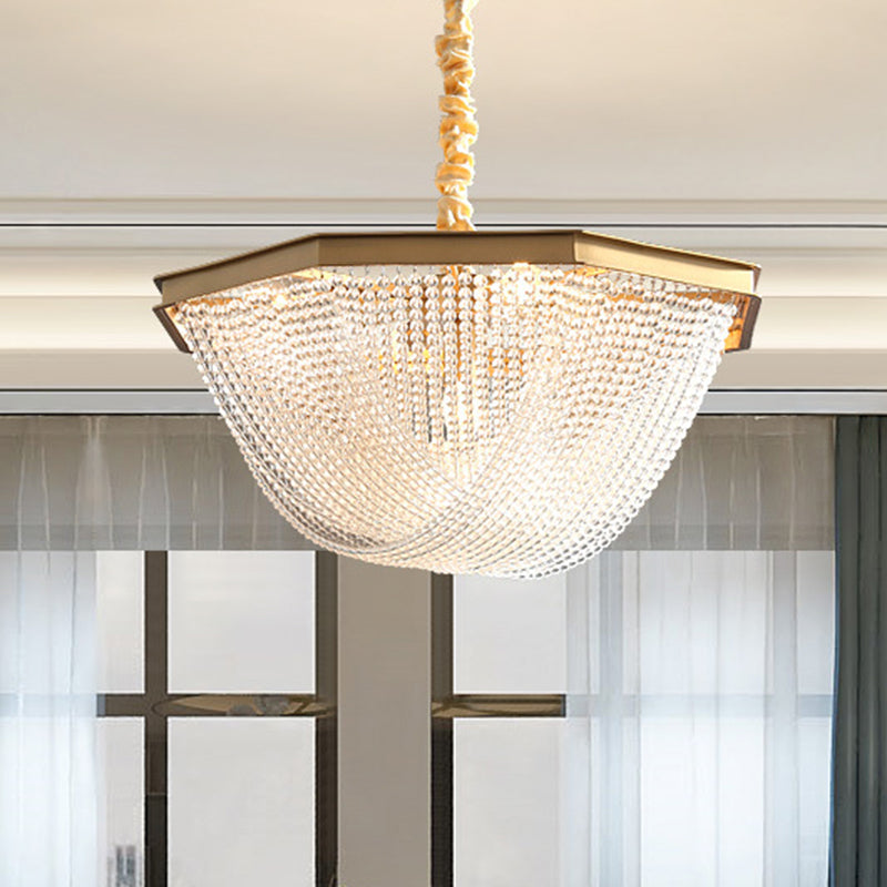 Dome Chandelier Lighting Fixture Postmodern Crystal Strand 5/6 Lights Gold Hanging Lamp Clearhalo 'Ceiling Lights' 'Chandeliers' Lighting' options 279674