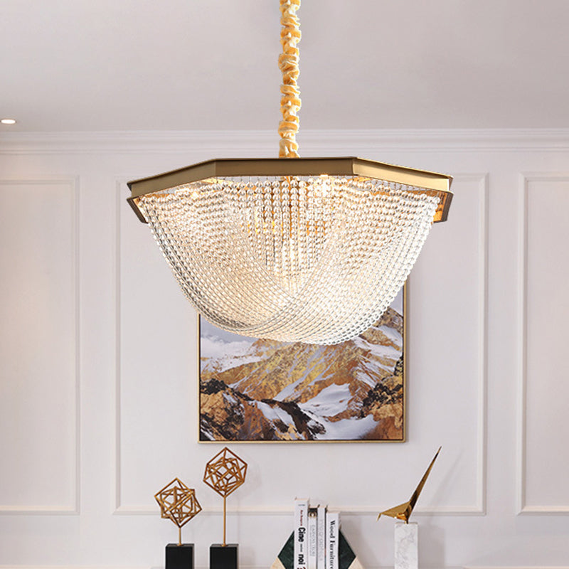 Dome Chandelier Lighting Fixture Postmodern Crystal Strand 5/6 Lights Gold Hanging Lamp Clearhalo 'Ceiling Lights' 'Chandeliers' Lighting' options 279675