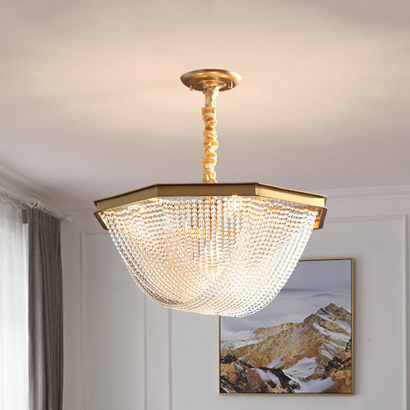 Dome Chandelier Lighting Fixture Postmodern Crystal Strand 5/6 Lights Gold Hanging Lamp Clearhalo 'Ceiling Lights' 'Chandeliers' Lighting' options 279676