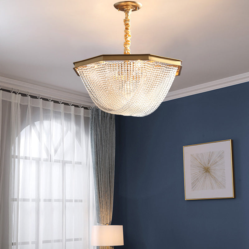 Dome Chandelier Lighting Fixture Postmodern Crystal Strand 5/6 Lights Gold Hanging Lamp Clearhalo 'Ceiling Lights' 'Chandeliers' Lighting' options 279677