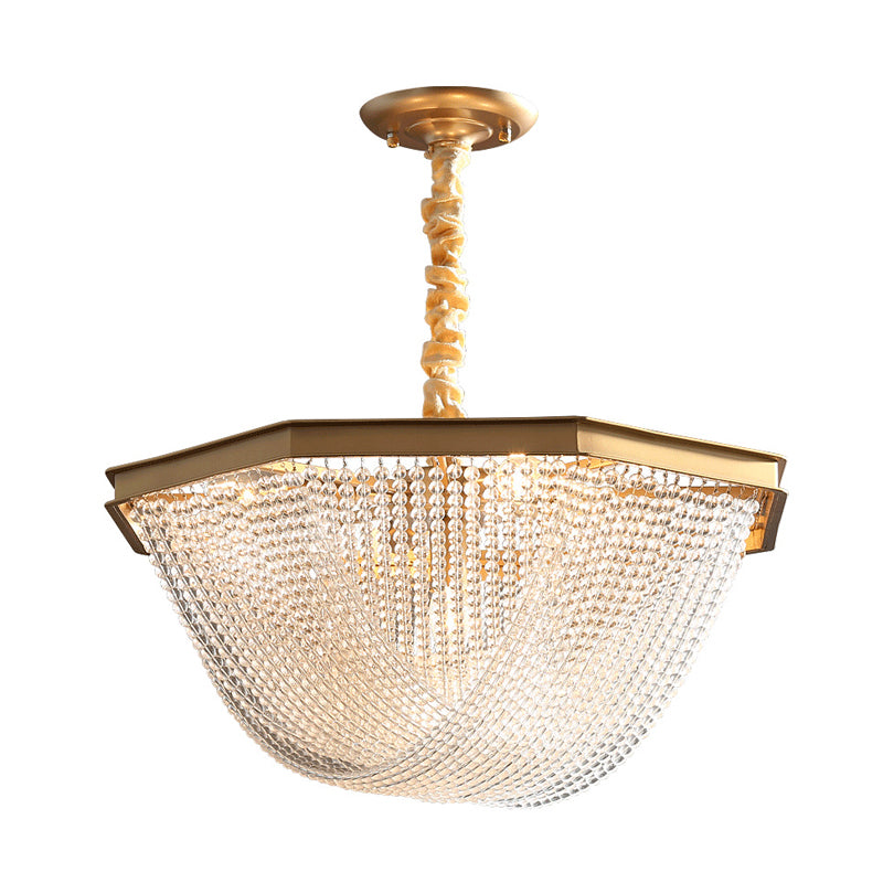 Dome Chandelier Lighting Fixture Postmodern Crystal Strand 5/6 Lights Gold Hanging Lamp Clearhalo 'Ceiling Lights' 'Chandeliers' Lighting' options 279678