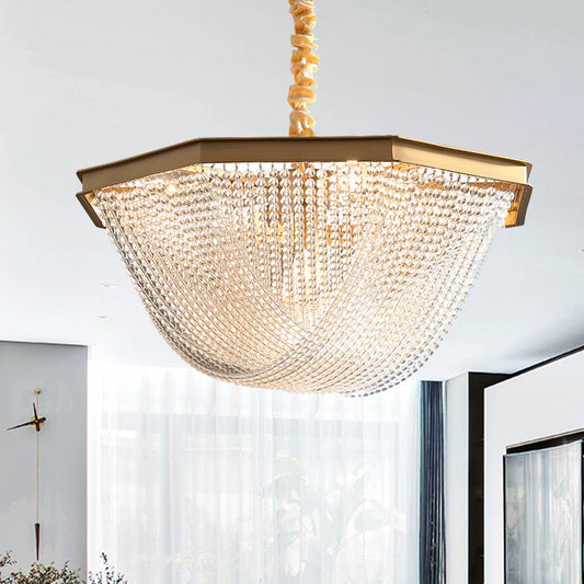 Dome Chandelier Lighting Fixture Postmodern Crystal Strand 5/6 Lights Gold Hanging Lamp Clearhalo 'Ceiling Lights' 'Chandeliers' Lighting' options 279681