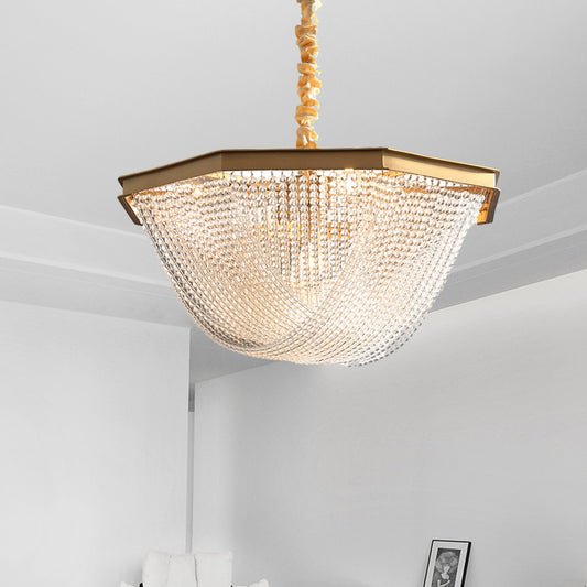 Dome Chandelier Lighting Fixture Postmodern Crystal Strand 5/6 Lights Gold Hanging Lamp Clearhalo 'Ceiling Lights' 'Chandeliers' Lighting' options 279682