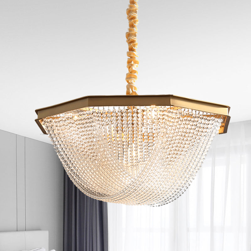 Dome Chandelier Lighting Fixture Postmodern Crystal Strand 5/6 Lights Gold Hanging Lamp Clearhalo 'Ceiling Lights' 'Chandeliers' Lighting' options 279683