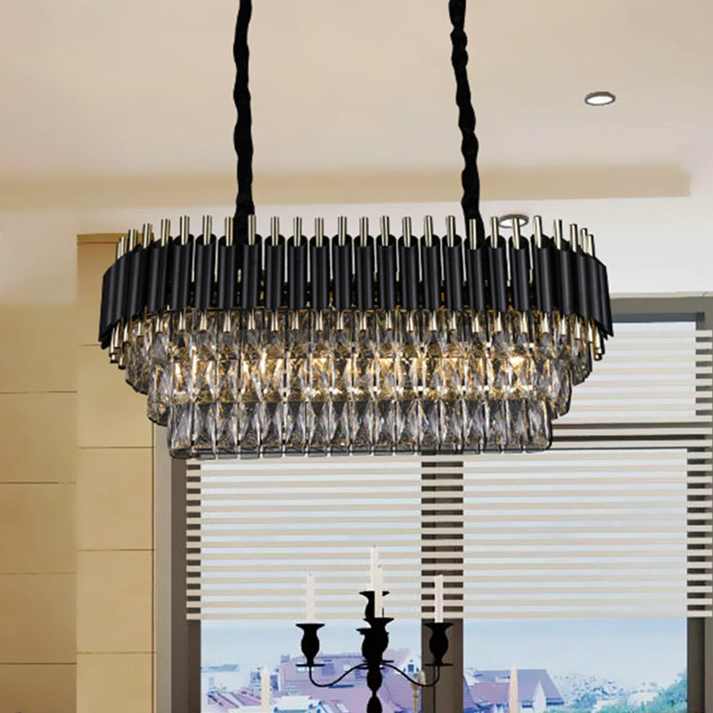 Oval Island Pendant Light Modernism Crystal Block 6/8 Lights Black Hanging Light Fixture 6 Black Clearhalo 'Ceiling Lights' 'Island Lights' Lighting' 279723