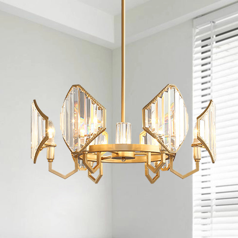 Gold Candle Hanging Pendant Light Postmodern 6/8 Lights Rectangle-Cut Crystal Chandelier Light Clearhalo 'Ceiling Lights' 'Chandeliers' Lighting' options 279737