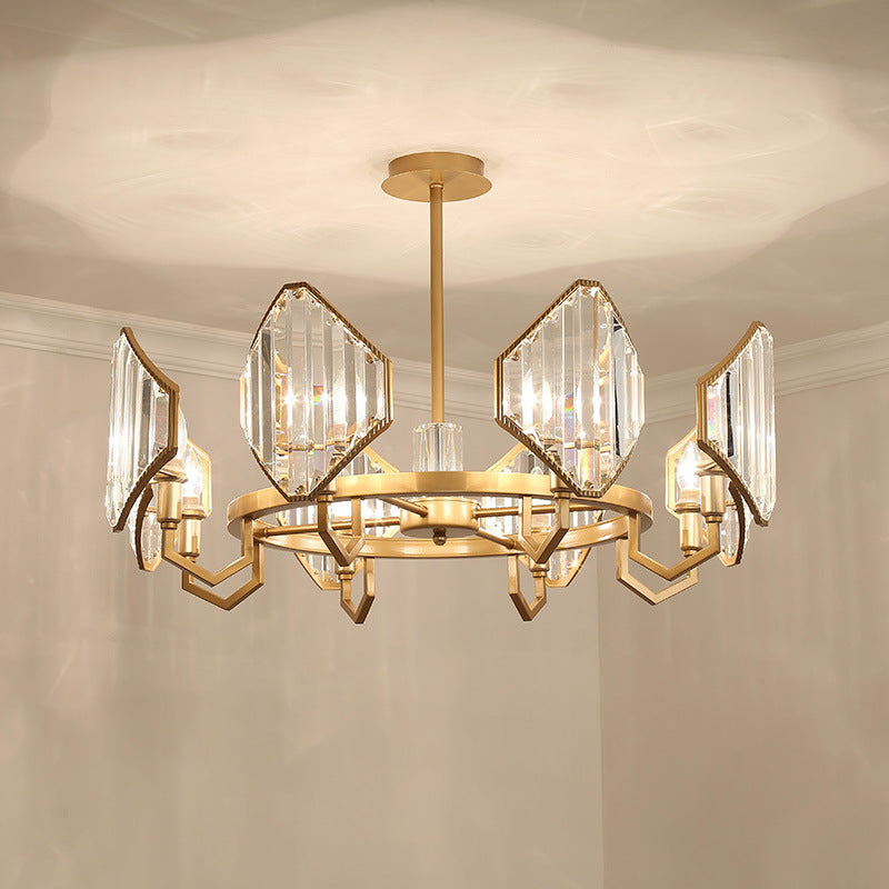 Gold Candle Hanging Pendant Light Postmodern 6/8 Lights Rectangle-Cut Crystal Chandelier Light Clearhalo 'Ceiling Lights' 'Chandeliers' Lighting' options 279744