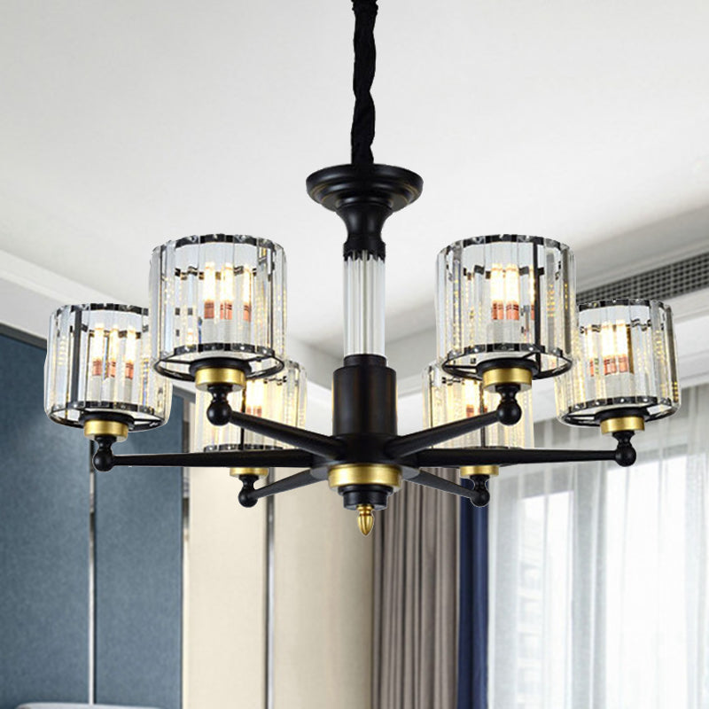 Cylinder Hanging Light Fixture Modern Rectangle-Cut Crystal 6/8 Heads Black Ceiling Chandelier Clearhalo 'Ceiling Lights' 'Chandeliers' Lighting' options 279779