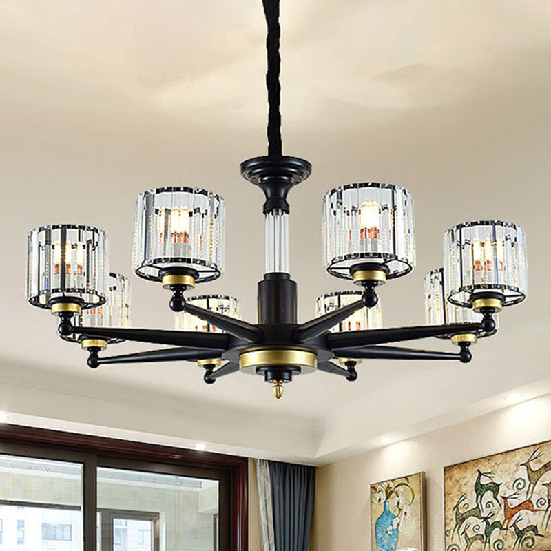 Cylinder Hanging Light Fixture Modern Rectangle-Cut Crystal 6/8 Heads Black Ceiling Chandelier Clearhalo 'Ceiling Lights' 'Chandeliers' Lighting' options 279784