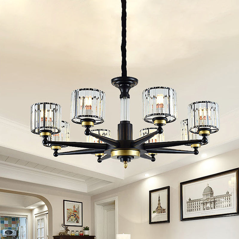 Cylinder Hanging Light Fixture Modern Rectangle-Cut Crystal 6/8 Heads Black Ceiling Chandelier Clearhalo 'Ceiling Lights' 'Chandeliers' Lighting' options 279785