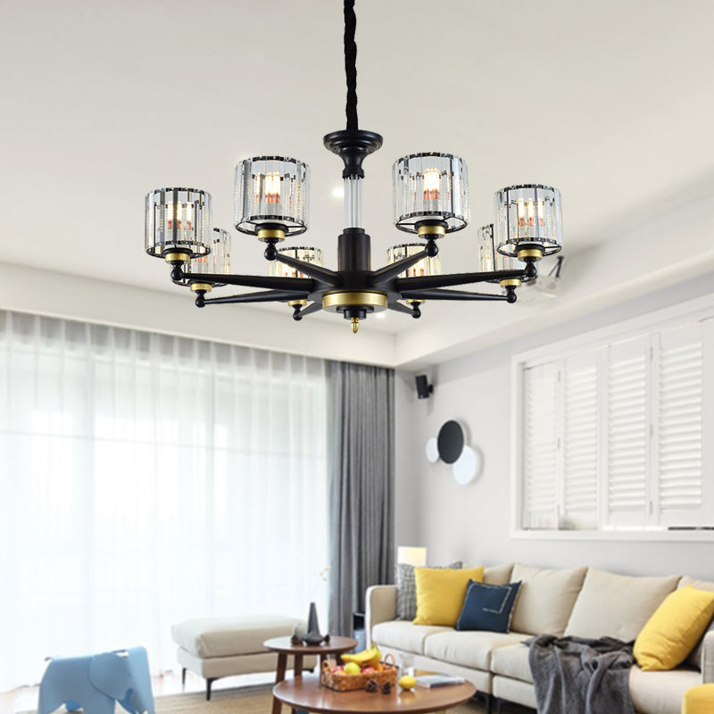 Cylinder Hanging Light Fixture Modern Rectangle-Cut Crystal 6/8 Heads Black Ceiling Chandelier Clearhalo 'Ceiling Lights' 'Chandeliers' Lighting' options 279787