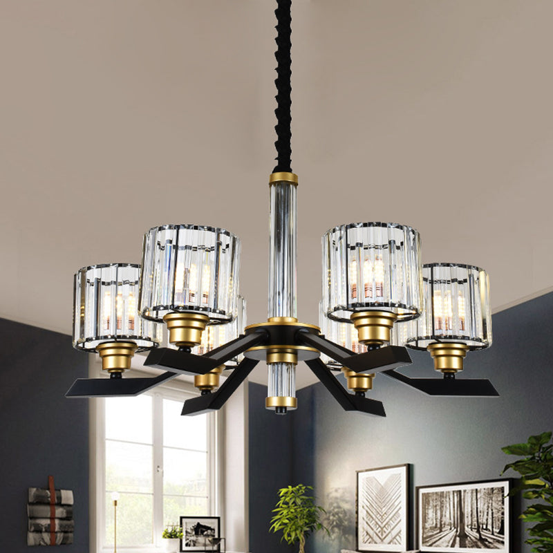 Tri-Sided Crystal Rod Cylinder Pendant Lighting Contemporary 6/8 Heads Black Hanging Chandelier Clearhalo 'Ceiling Lights' 'Chandeliers' Lighting' options 279791