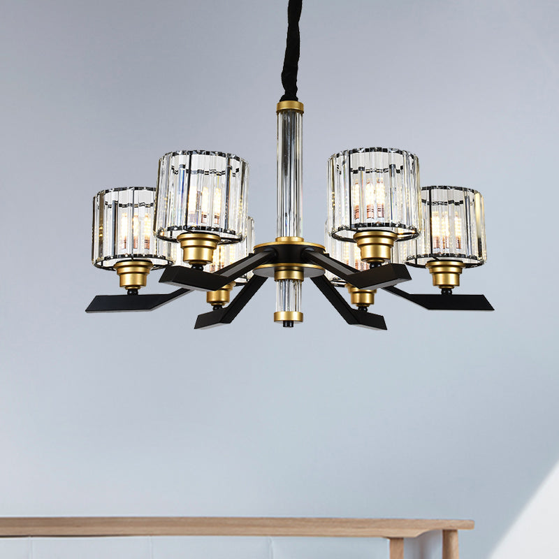 Tri-Sided Crystal Rod Cylinder Pendant Lighting Contemporary 6/8 Heads Black Hanging Chandelier Clearhalo 'Ceiling Lights' 'Chandeliers' Lighting' options 279793