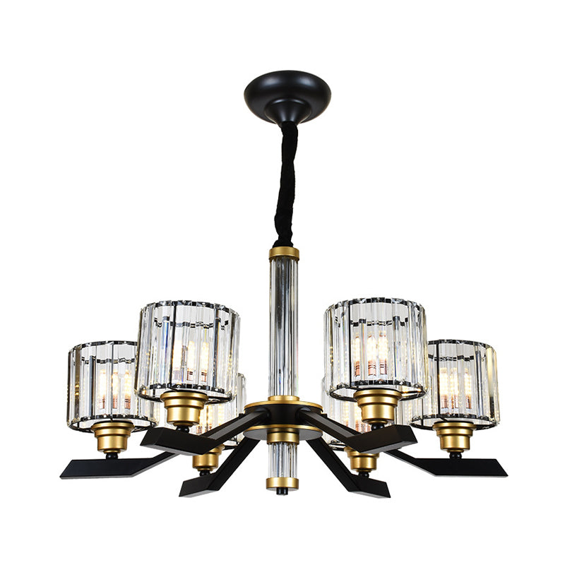 Tri-Sided Crystal Rod Cylinder Pendant Lighting Contemporary 6/8 Heads Black Hanging Chandelier Clearhalo 'Ceiling Lights' 'Chandeliers' Lighting' options 279795