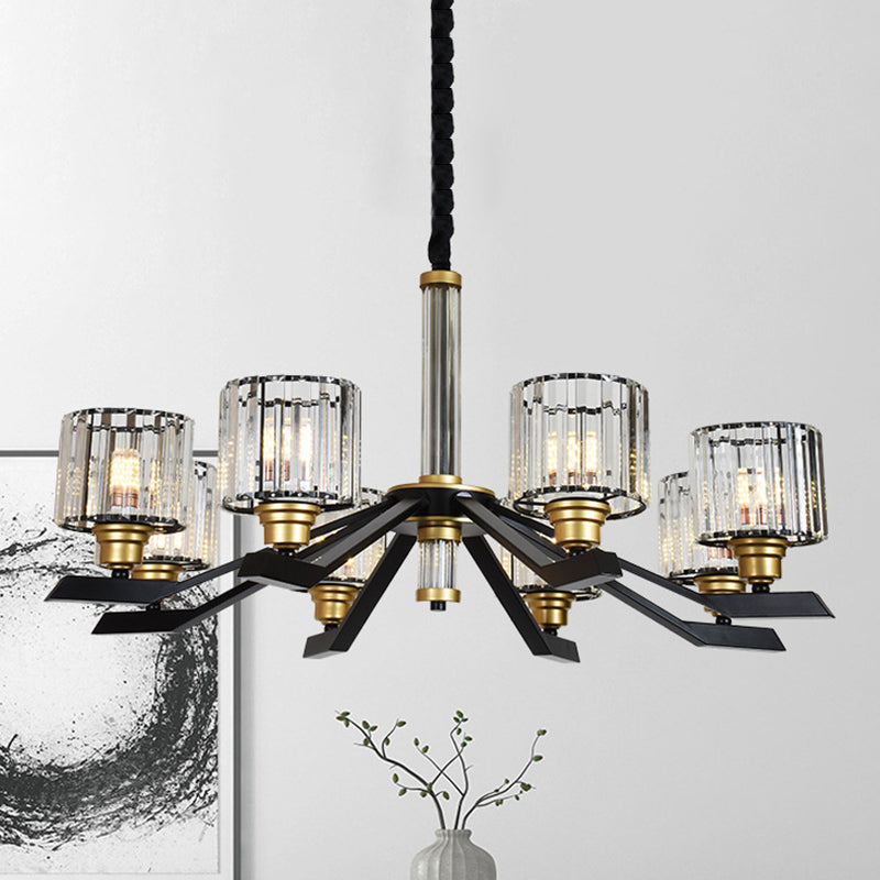 Tri-Sided Crystal Rod Cylinder Pendant Lighting Contemporary 6/8 Heads Black Hanging Chandelier Clearhalo 'Ceiling Lights' 'Chandeliers' Lighting' options 279797