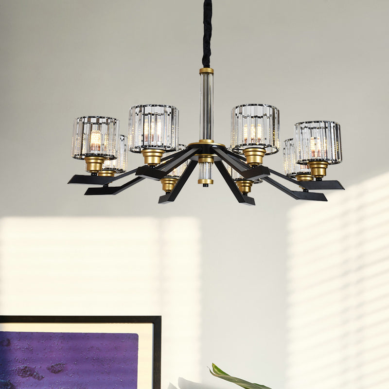 Tri-Sided Crystal Rod Cylinder Pendant Lighting Contemporary 6/8 Heads Black Hanging Chandelier Clearhalo 'Ceiling Lights' 'Chandeliers' Lighting' options 279798