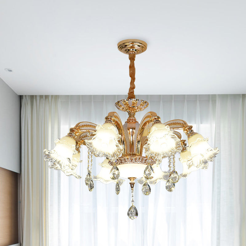 Flower Clear Glass Suspension Light Traditional 8 Heads Living Room Chandelier Lighting in Gold Gold Clearhalo 'Ceiling Lights' 'Chandeliers' Lighting' options 279817_0544fa80-6a02-41a1-861a-aac3117faebf