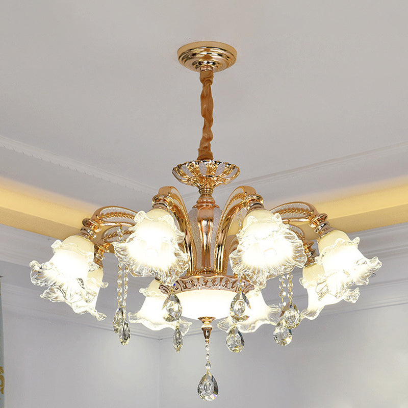 Flower Clear Glass Suspension Light Traditional 8 Heads Living Room Chandelier Lighting in Gold Clearhalo 'Ceiling Lights' 'Chandeliers' Lighting' options 279818