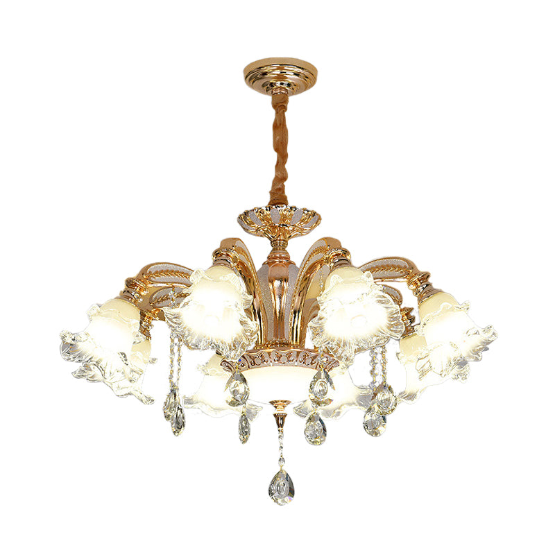 Flower Clear Glass Suspension Light Traditional 8 Heads Living Room Chandelier Lighting in Gold Clearhalo 'Ceiling Lights' 'Chandeliers' Lighting' options 279821