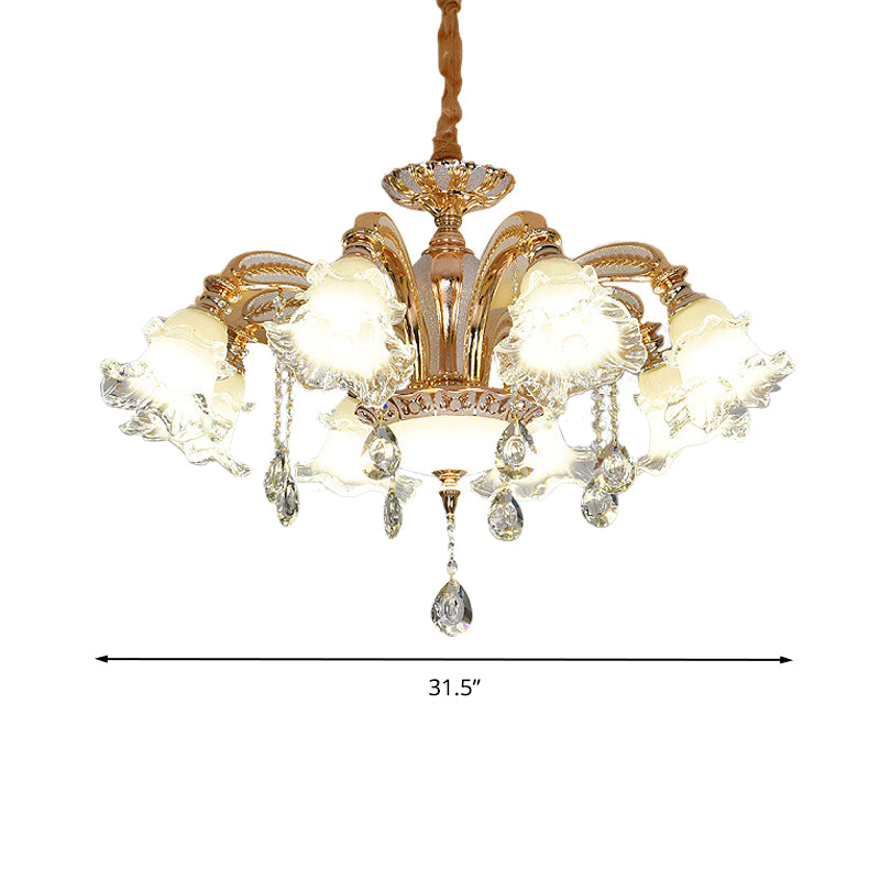 Flower Clear Glass Suspension Light Traditional 8 Heads Living Room Chandelier Lighting in Gold Clearhalo 'Ceiling Lights' 'Chandeliers' Lighting' options 279822