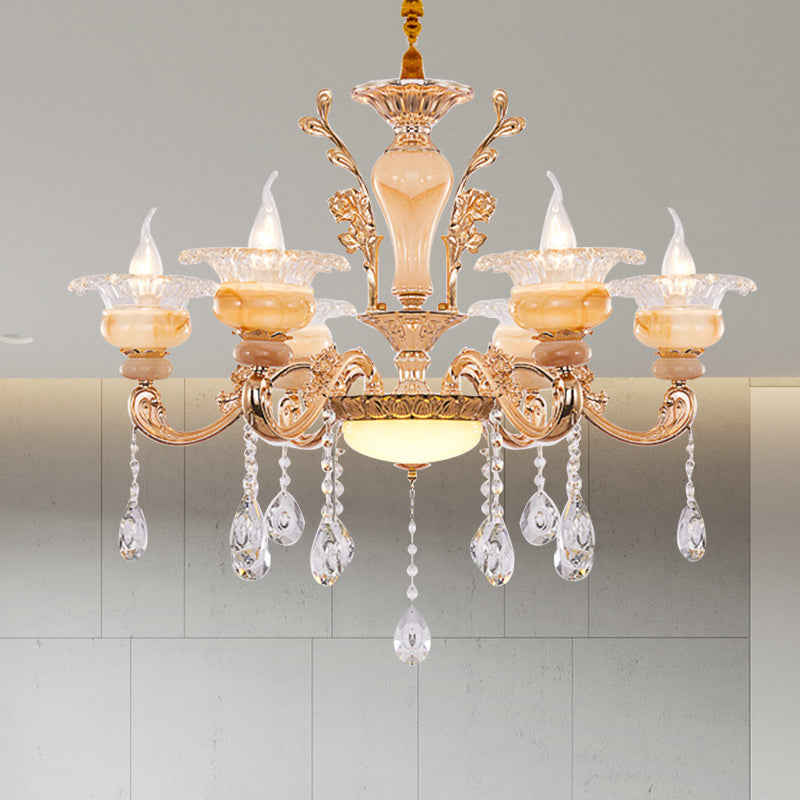 Gold Candelabra Pendant Chandelier Modern Crystal Drop 6/8/10 Lights Living Room Hanging Light Clearhalo 'Ceiling Lights' 'Chandeliers' Lighting' options 279825