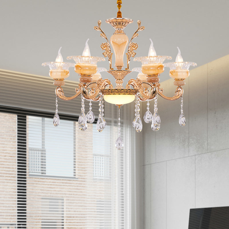 Gold Candelabra Pendant Chandelier Modern Crystal Drop 6/8/10 Lights Living Room Hanging Light Clearhalo 'Ceiling Lights' 'Chandeliers' Lighting' options 279826