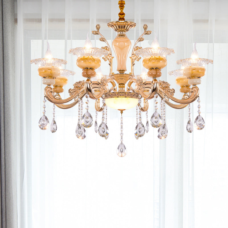 Gold Candelabra Pendant Chandelier Modern Crystal Drop 6/8/10 Lights Living Room Hanging Light Clearhalo 'Ceiling Lights' 'Chandeliers' Lighting' options 279830