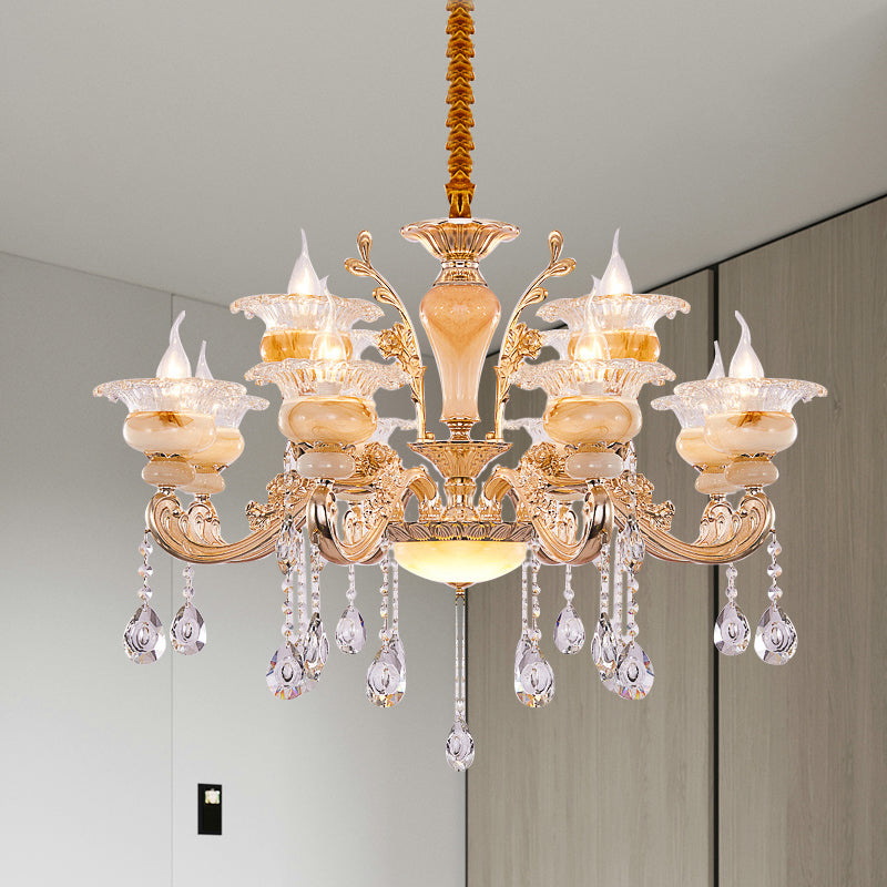 Gold Candelabra Pendant Chandelier Modern Crystal Drop 6/8/10 Lights Living Room Hanging Light Clearhalo 'Ceiling Lights' 'Chandeliers' Lighting' options 279842