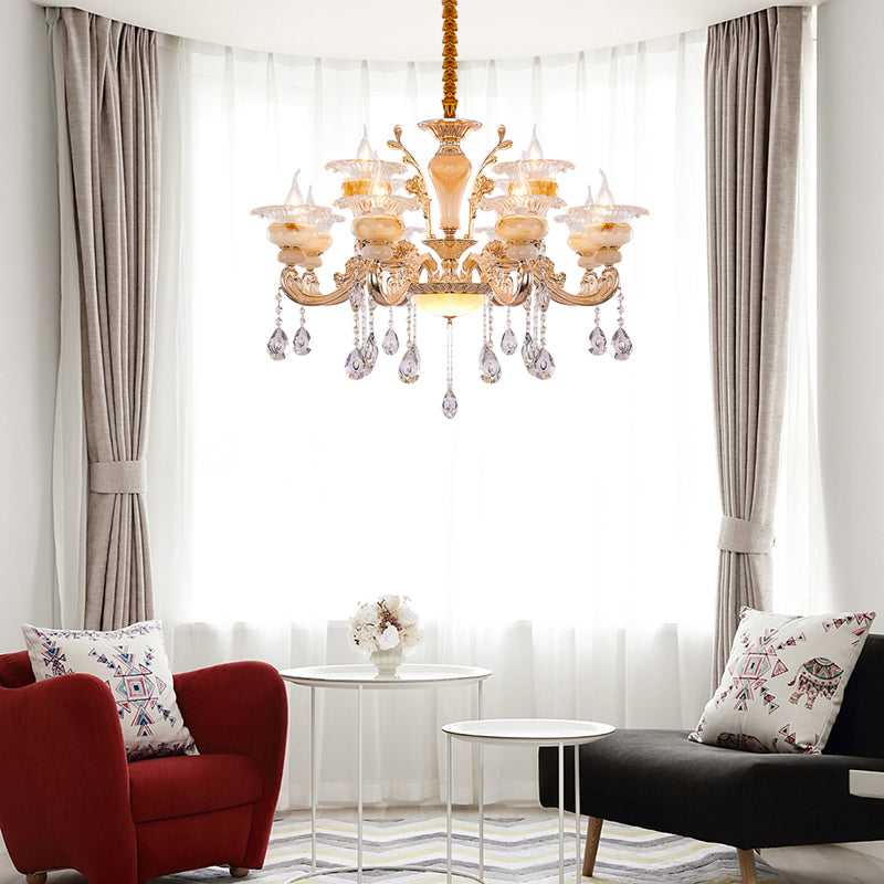 Gold Candelabra Pendant Chandelier Modern Crystal Drop 6/8/10 Lights Living Room Hanging Light Clearhalo 'Ceiling Lights' 'Chandeliers' Lighting' options 279845