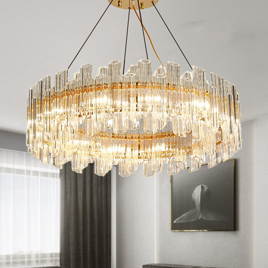 Clear Crystal Drum Hanging Chandelier Modern 8/12 Lights Gold LED Ceiling Lamp for Living Room 8 Gold Clearhalo 'Ceiling Lights' 'Chandeliers' 'Modern Chandeliers' 'Modern' Lighting' 279884