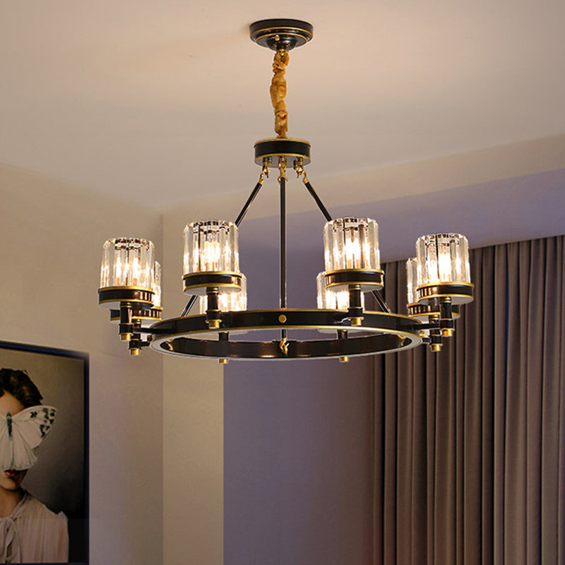 Modernist Cylinder Ceiling Chandelier Clear Crystal 5/6/8 Bulbs Living Room Pendant Lamp in Black Clearhalo 'Ceiling Lights' 'Chandeliers' Lighting' options 279895