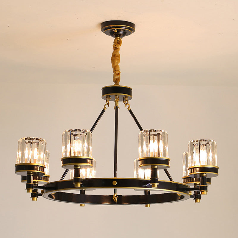 Modernist Cylinder Ceiling Chandelier Clear Crystal 5/6/8 Bulbs Living Room Pendant Lamp in Black Clearhalo 'Ceiling Lights' 'Chandeliers' Lighting' options 279896