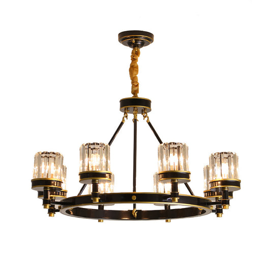 Modernist Cylinder Ceiling Chandelier Clear Crystal 5/6/8 Bulbs Living Room Pendant Lamp in Black Clearhalo 'Ceiling Lights' 'Chandeliers' Lighting' options 279898