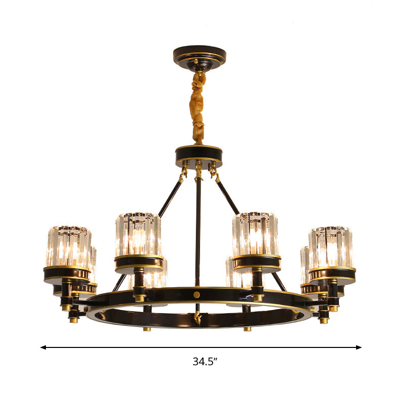 Modernist Cylinder Ceiling Chandelier Clear Crystal 5/6/8 Bulbs Living Room Pendant Lamp in Black Clearhalo 'Ceiling Lights' 'Chandeliers' Lighting' options 279899