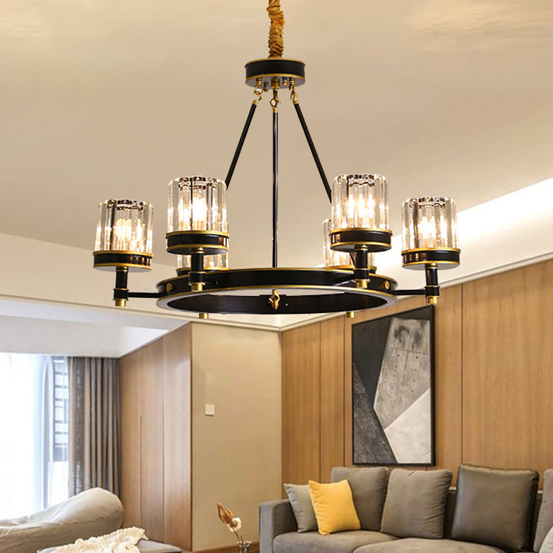 Modernist Cylinder Ceiling Chandelier Clear Crystal 5/6/8 Bulbs Living Room Pendant Lamp in Black Clearhalo 'Ceiling Lights' 'Chandeliers' Lighting' options 279901