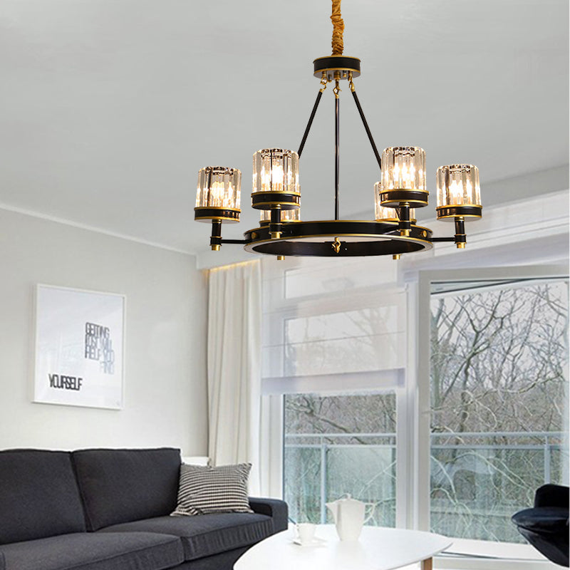 Modernist Cylinder Ceiling Chandelier Clear Crystal 5/6/8 Bulbs Living Room Pendant Lamp in Black Clearhalo 'Ceiling Lights' 'Chandeliers' Lighting' options 279902