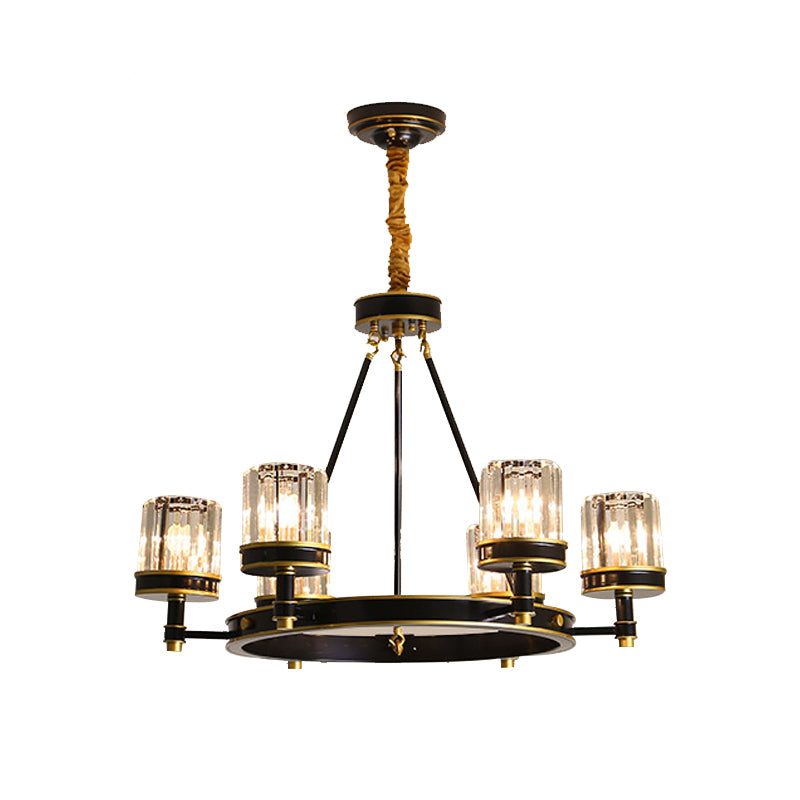 Modernist Cylinder Ceiling Chandelier Clear Crystal 5/6/8 Bulbs Living Room Pendant Lamp in Black Clearhalo 'Ceiling Lights' 'Chandeliers' Lighting' options 279905