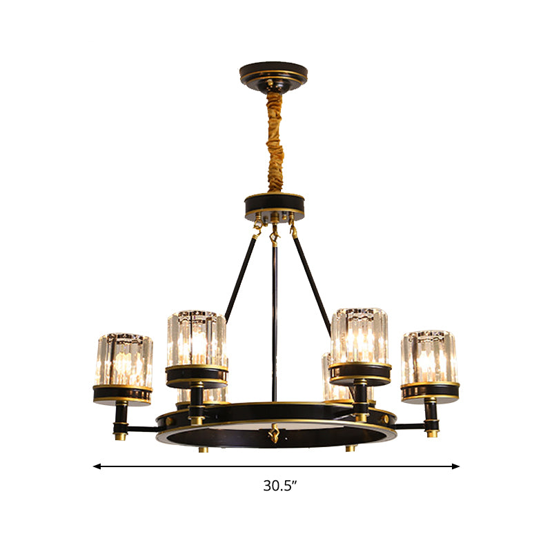 Modernist Cylinder Ceiling Chandelier Clear Crystal 5/6/8 Bulbs Living Room Pendant Lamp in Black Clearhalo 'Ceiling Lights' 'Chandeliers' Lighting' options 279906