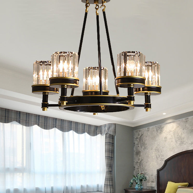 Modernist Cylinder Ceiling Chandelier Clear Crystal 5/6/8 Bulbs Living Room Pendant Lamp in Black Clearhalo 'Ceiling Lights' 'Chandeliers' Lighting' options 279907