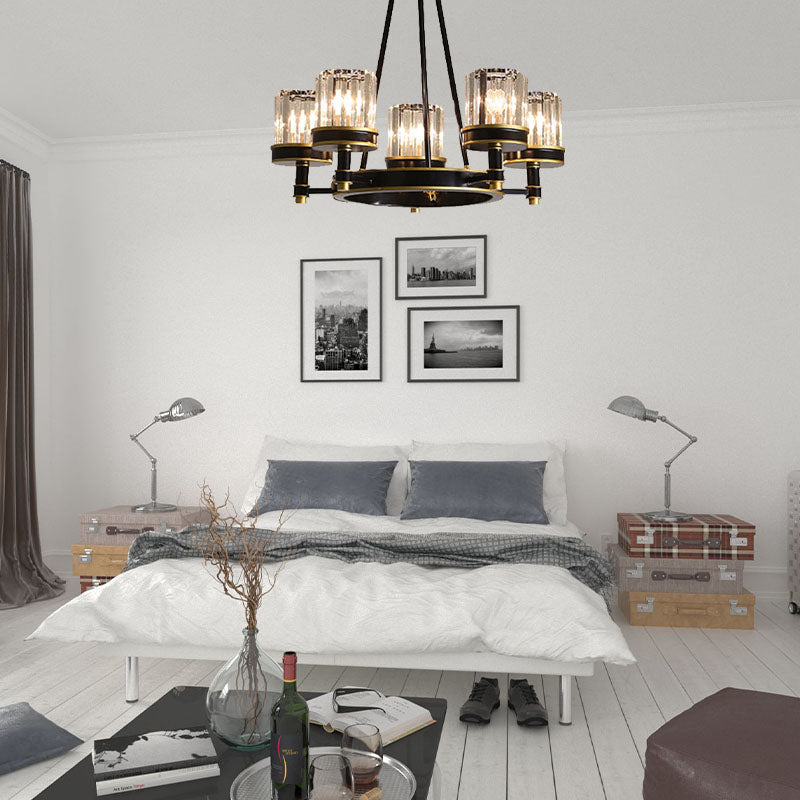 Modernist Cylinder Ceiling Chandelier Clear Crystal 5/6/8 Bulbs Living Room Pendant Lamp in Black Clearhalo 'Ceiling Lights' 'Chandeliers' Lighting' options 279910