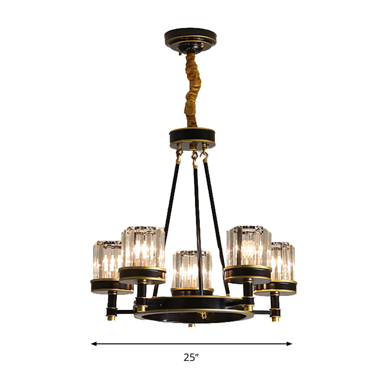 Modernist Cylinder Ceiling Chandelier Clear Crystal 5/6/8 Bulbs Living Room Pendant Lamp in Black Clearhalo 'Ceiling Lights' 'Chandeliers' Lighting' options 279912