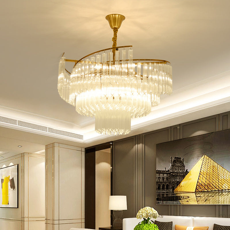 8-Bulb Living Room Chandelier Lighting Gold LED Pendant Light Fixture with Tiered Crystal Rod Shade Gold Clearhalo 'Ceiling Lights' 'Chandeliers' 'Modern Chandeliers' 'Modern' Lighting' 279913